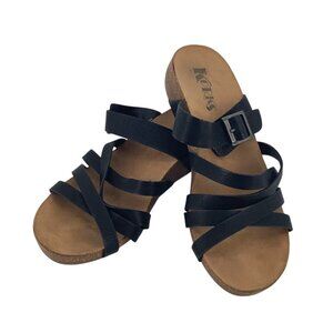 Kork-Ease Aster Sandals Womens 8 Cork Wedge Slip On Strappy Black Shoes